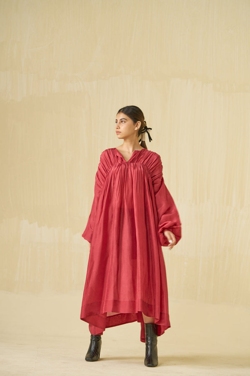 Rose Dress-Hibiscus + Dark Chocolate upada silk dress by Stoique in hibiscus, dark chocolate for women in Singapore