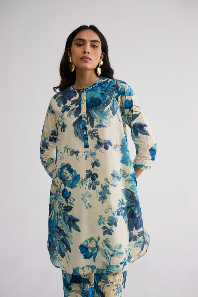ROYAL PARADISE SHORT KURTA SET cotton kurta/kurta set by YAM in blue & white for women in Singapore