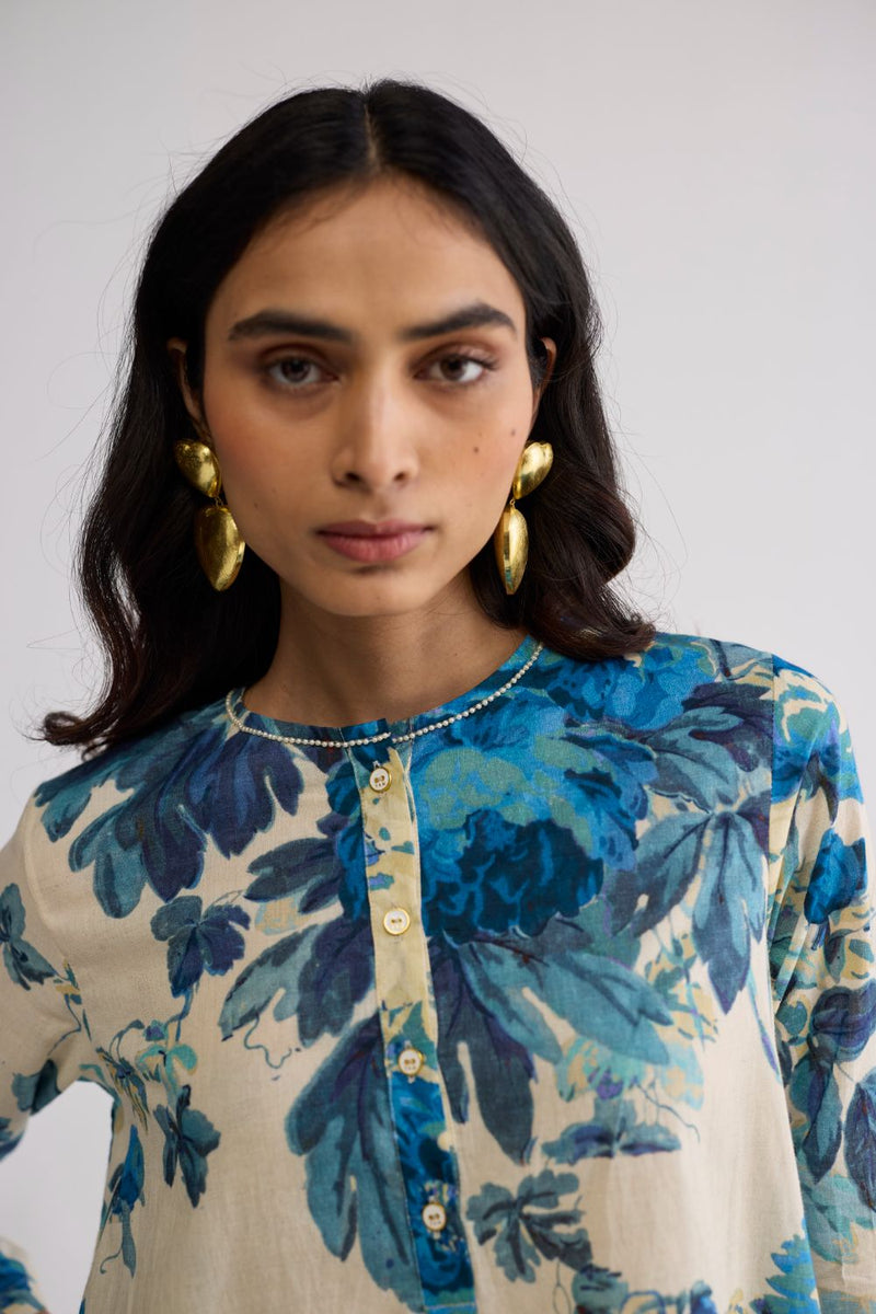 ROYAL PARADISE SHORT KURTA SET cotton kurta/kurta set by YAM in blue & white for women in Singapore
