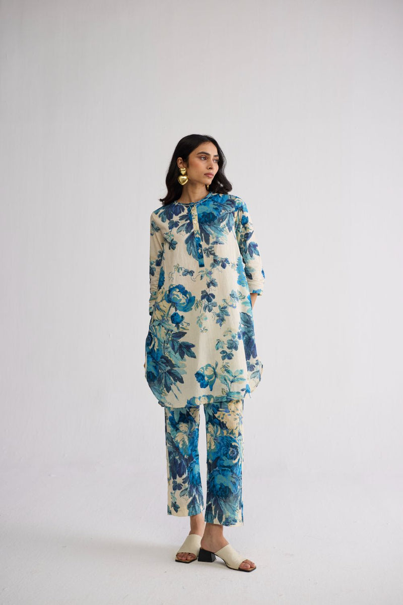 ROYAL PARADISE SHORT KURTA SET cotton kurta/kurta set by YAM in blue & white for women in Singapore