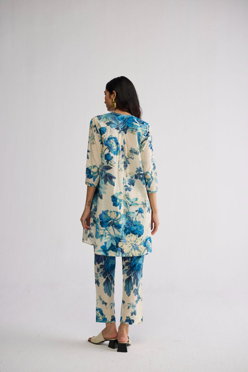 ROYAL PARADISE SHORT KURTA SET cotton kurta/kurta set by YAM in blue & white for women in Singapore
