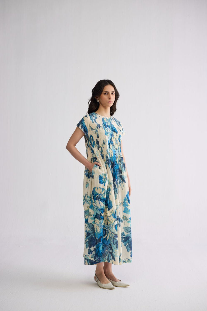 ROYAL PARADISE PINTUCKS DRESS cotton dress by YAM in blue & white for women in Singapore