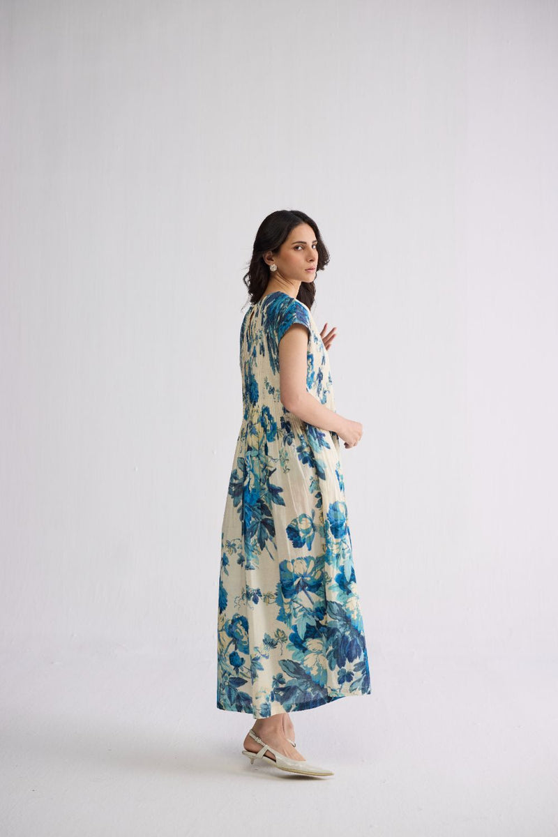 ROYAL PARADISE PINTUCKS DRESS cotton dress by YAM in blue & white for women in Singapore
