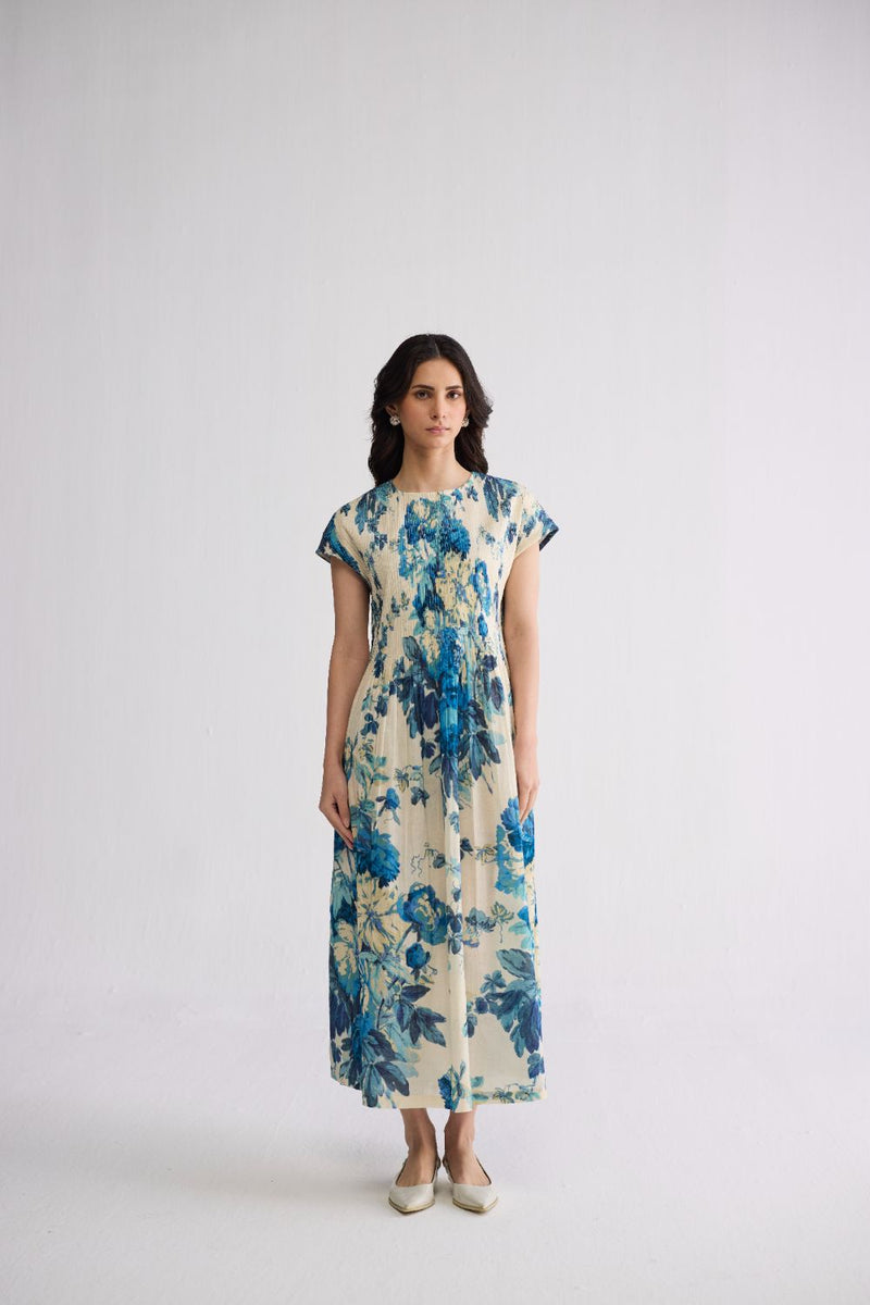 ROYAL PARADISE PINTUCKS DRESS cotton dress by YAM in blue & white for women in Singapore