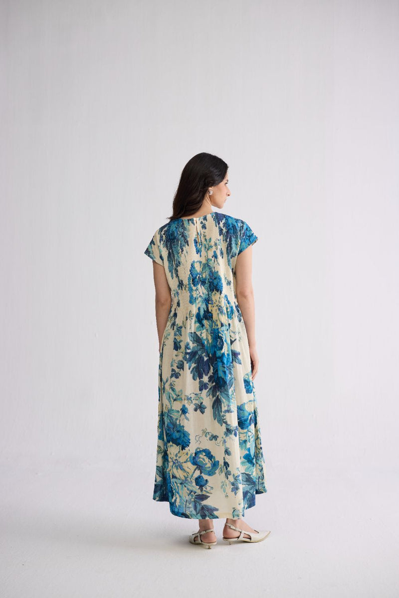 ROYAL PARADISE PINTUCKS DRESS cotton dress by YAM in blue & white for women in Singapore