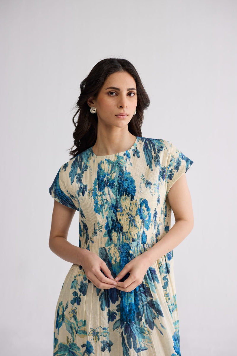 ROYAL PARADISE PINTUCKS DRESS cotton dress by YAM in blue & white for women in Singapore