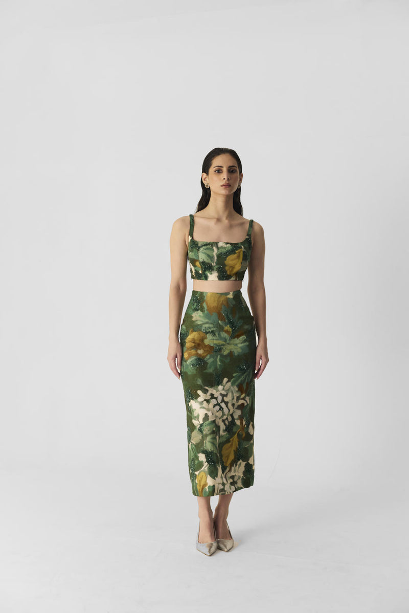 RUSI SKIRT & BLOUSE SET silk by Yam in green color for women in Singapore