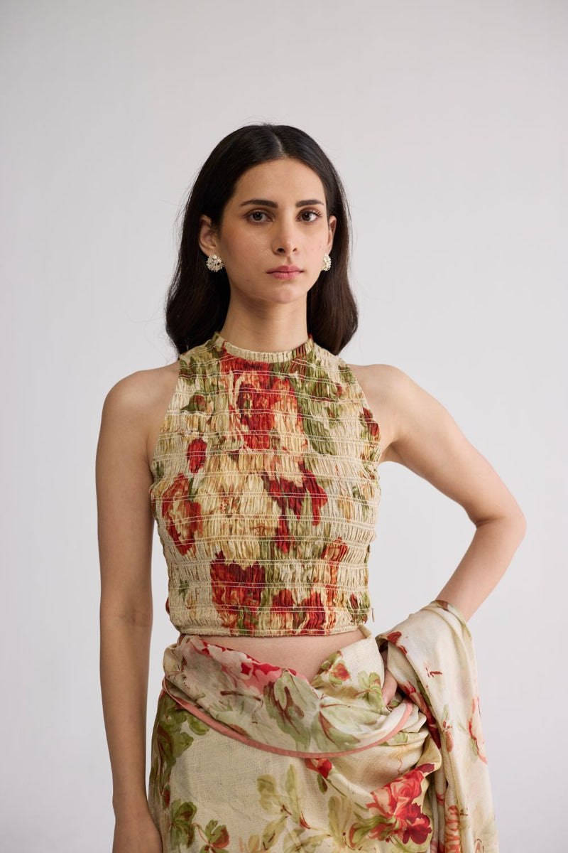 SAMA SMOCKED BLOUSE cotton blouse by YAM in beige & red for women in Singapore