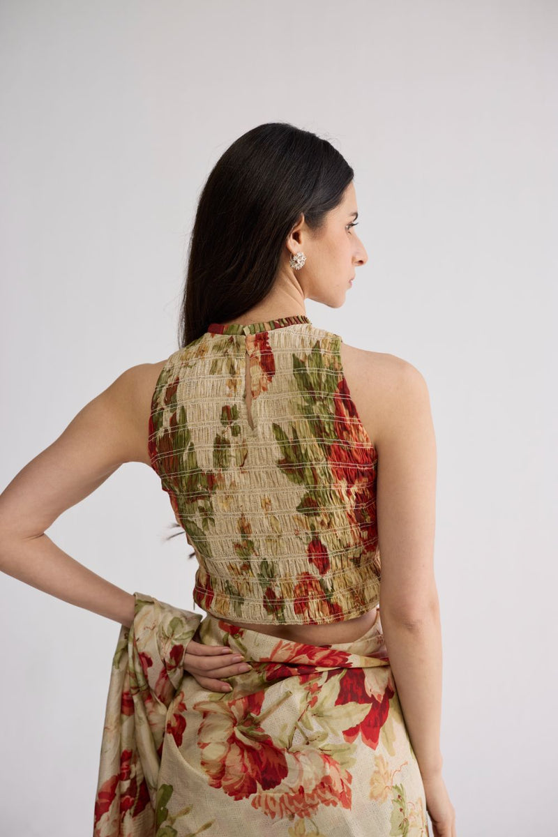 SAMA SMOCKED BLOUSE cotton blouse by YAM in beige & red for women in Singapore