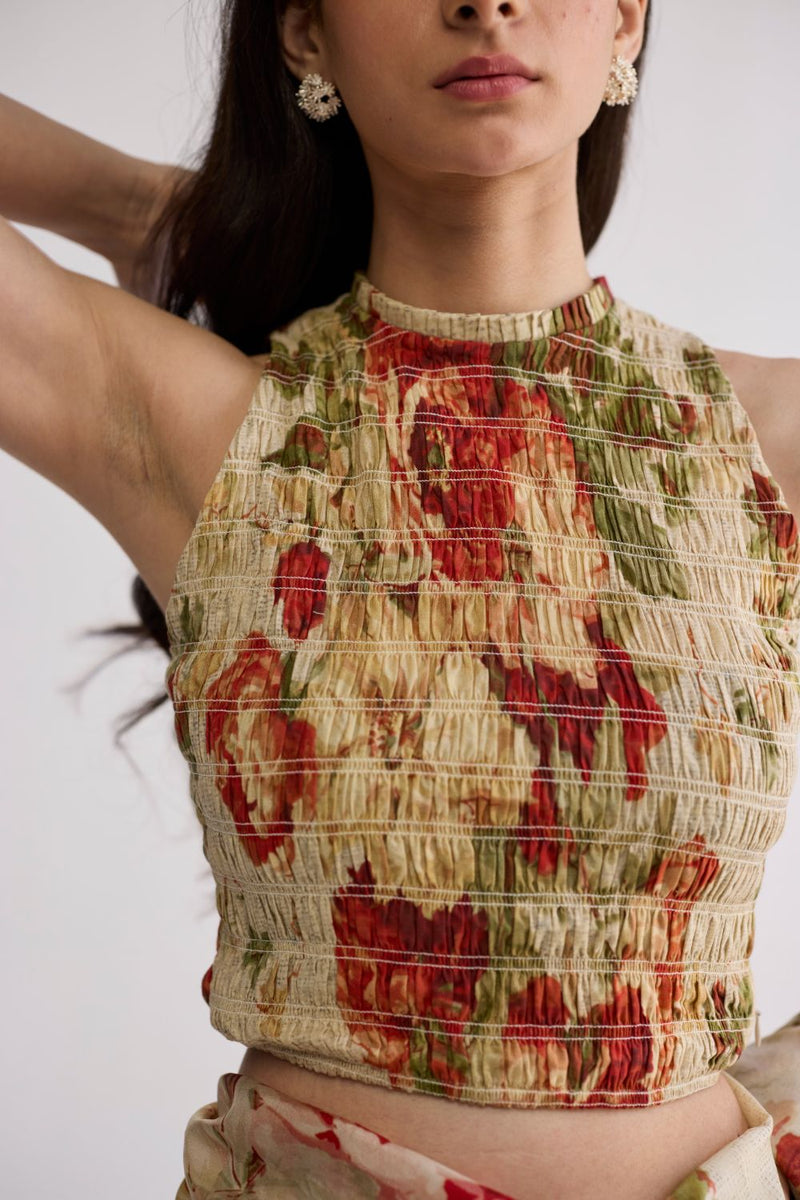 SAMA SMOCKED BLOUSE cotton blouse by YAM in beige & red for women in Singapore