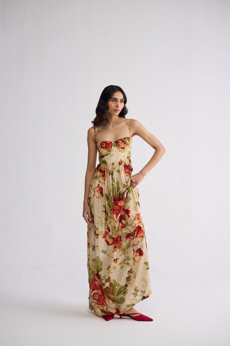 SAMA CREPE BRALETTE DRESS crepe dress by YAM in beige & red for women in Singapore