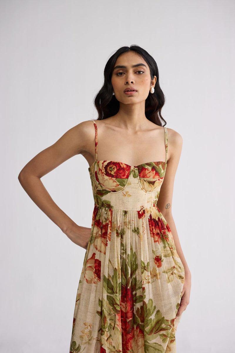 SAMA CREPE BRALETTE DRESS crepe dress by YAM in beige & red for women in Singapore