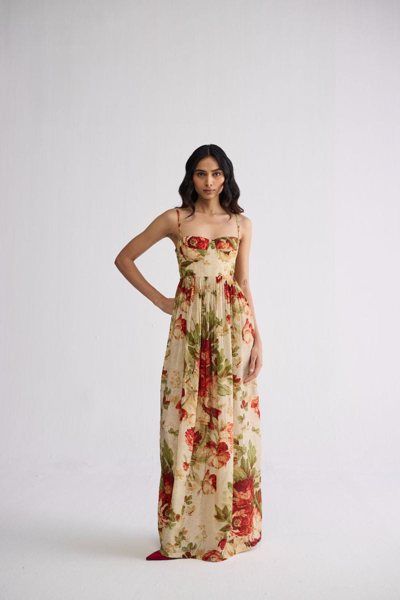 SAMA CREPE BRALETTE DRESS crepe dress by YAM in beige & red for women in Singapore