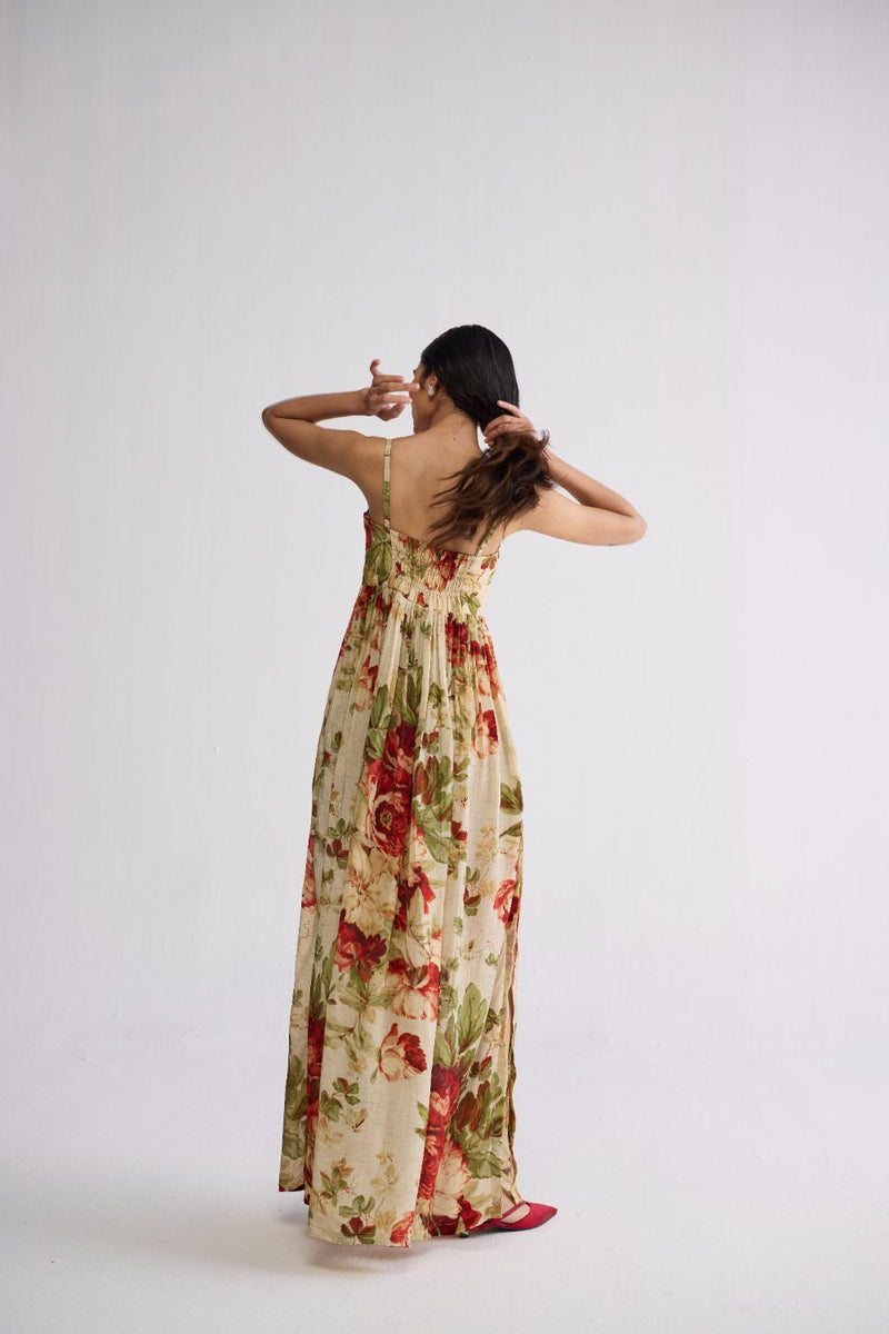 SAMA CREPE BRALETTE DRESS crepe dress by YAM in beige & red for women in Singapore