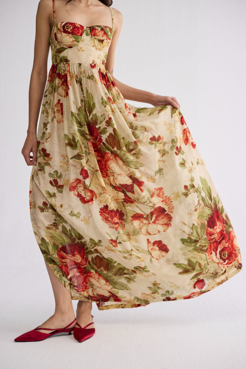 SAMA CREPE BRALETTE DRESS crepe dress by YAM in beige & red for women in Singapore