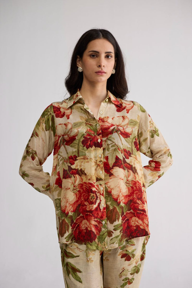 SAMA CO-ORD SET crepe co-ord set by YAM in beige & red for women in Singapore