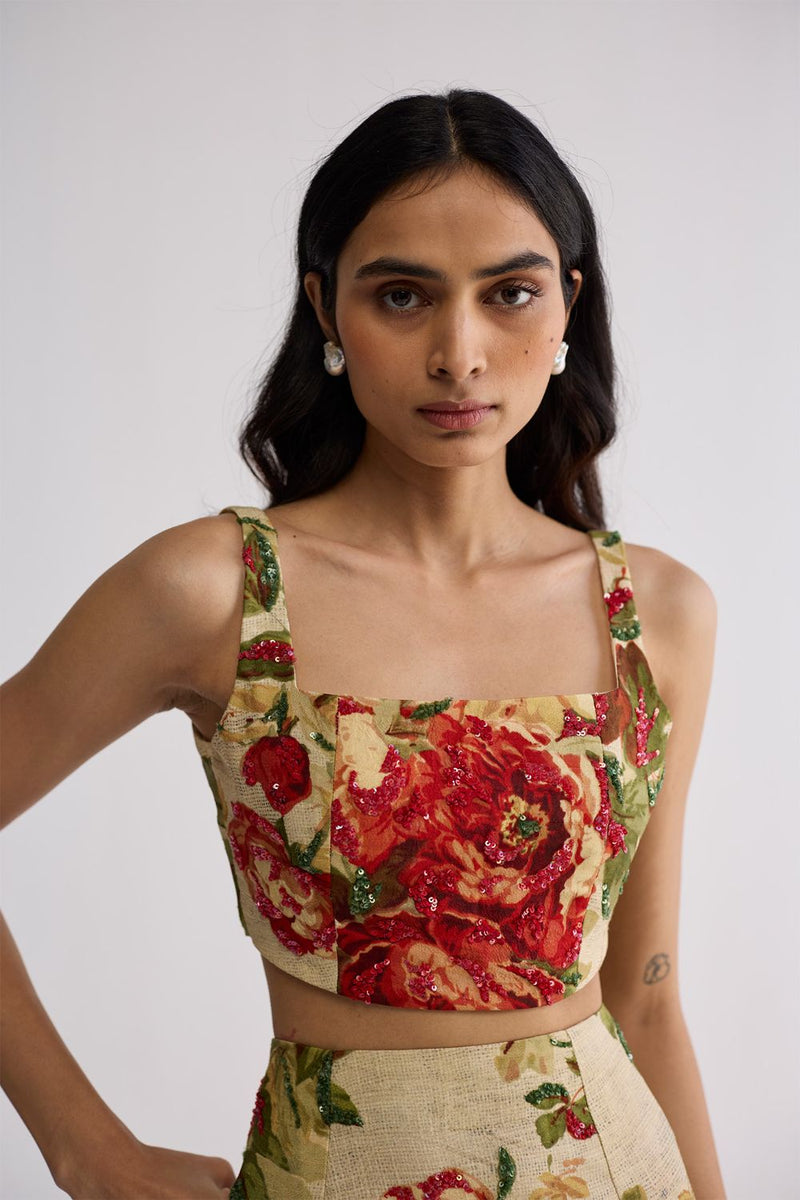 SAMA EMBROIDERED TOP & SKIRT SET cotton silk co-ord set by YAM in beige & red for women in Singapore