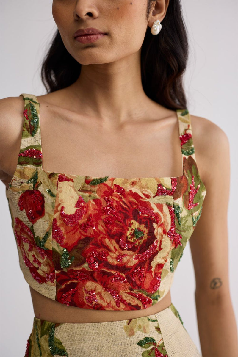 SAMA EMBROIDERED TOP & SKIRT SET cotton silk co-ord set by YAM in beige & red for women in Singapore