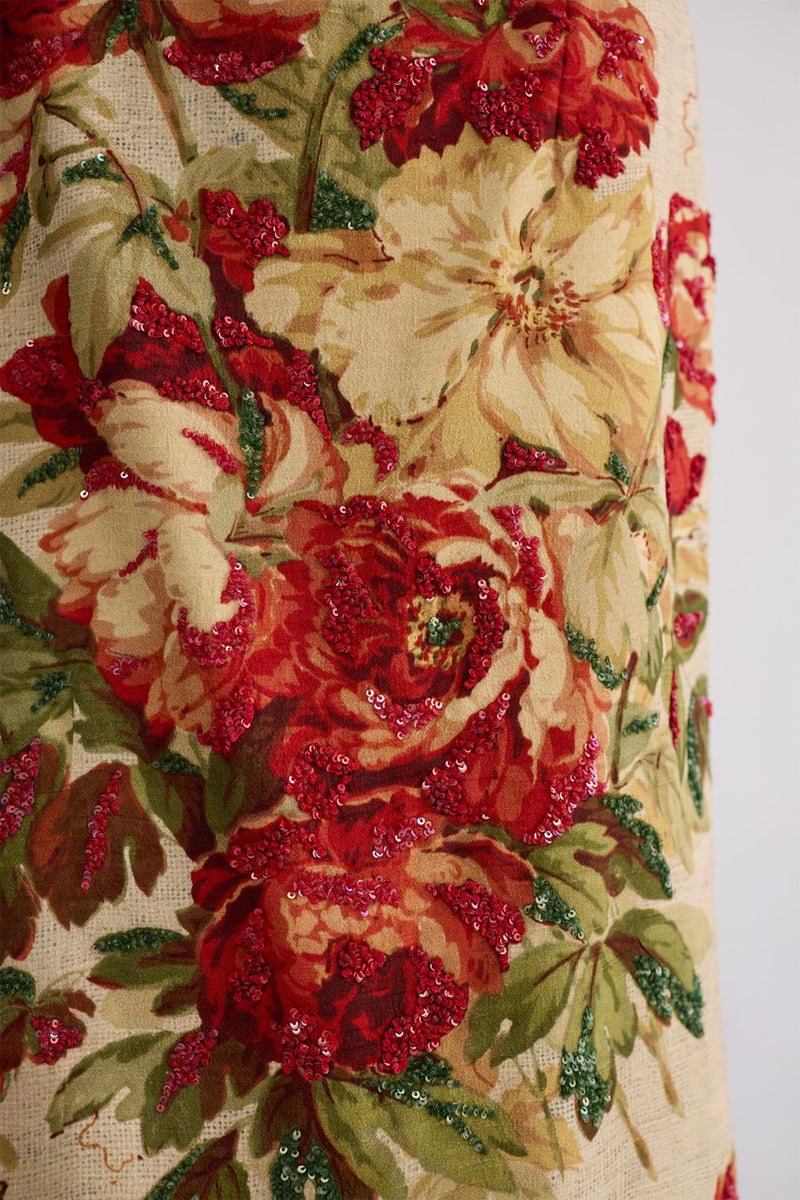 SAMA EMBROIDERED TOP & SKIRT SET cotton silk co-ord set by YAM in beige & red for women in Singapore
