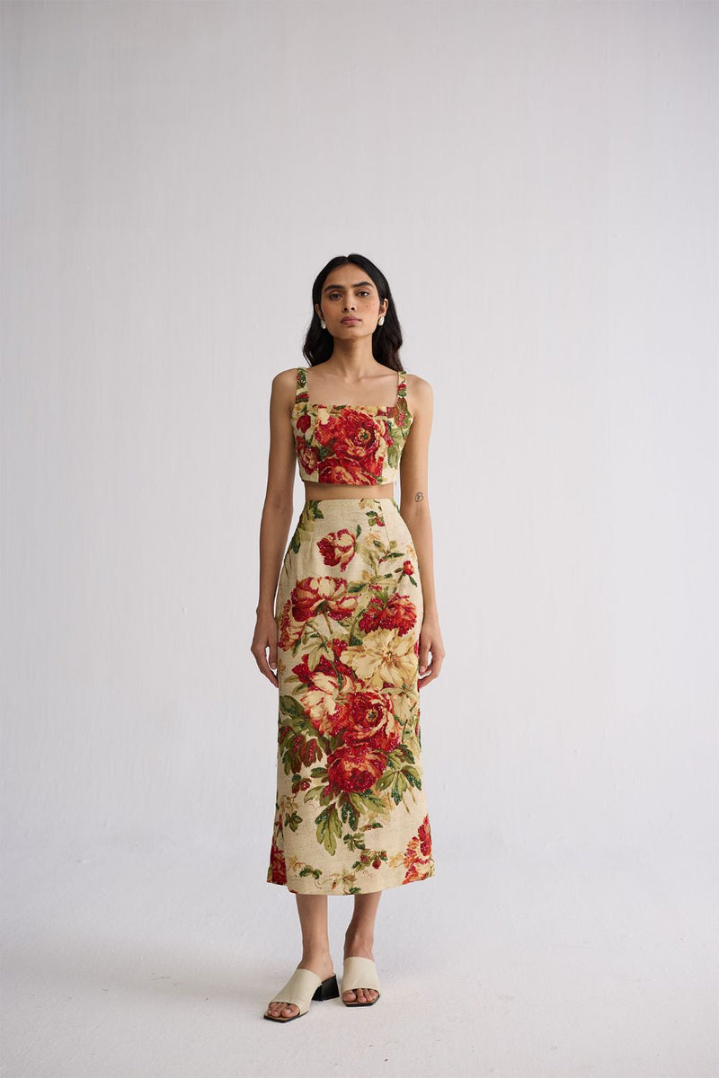SAMA EMBROIDERED TOP & SKIRT SET cotton silk co-ord set by YAM in beige & red for women in Singapore