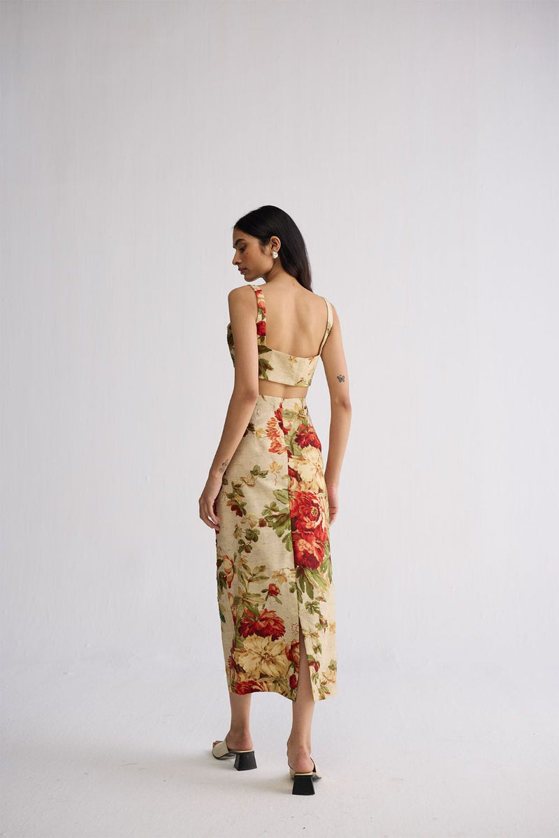SAMA EMBROIDERED TOP & SKIRT SET cotton silk co-ord set by YAM in beige & red for women in Singapore