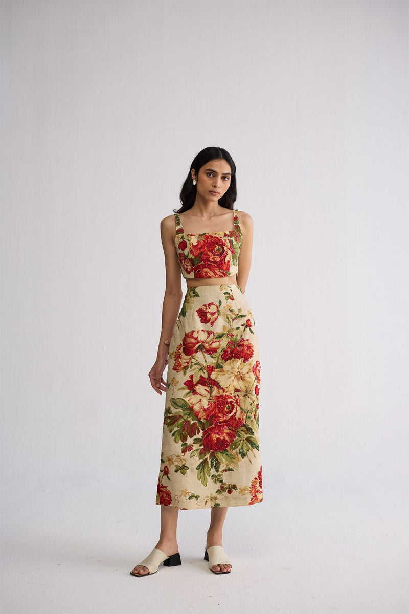 SAMA EMBROIDERED TOP & SKIRT SET cotton silk co-ord set by YAM in beige & red for women in Singapore