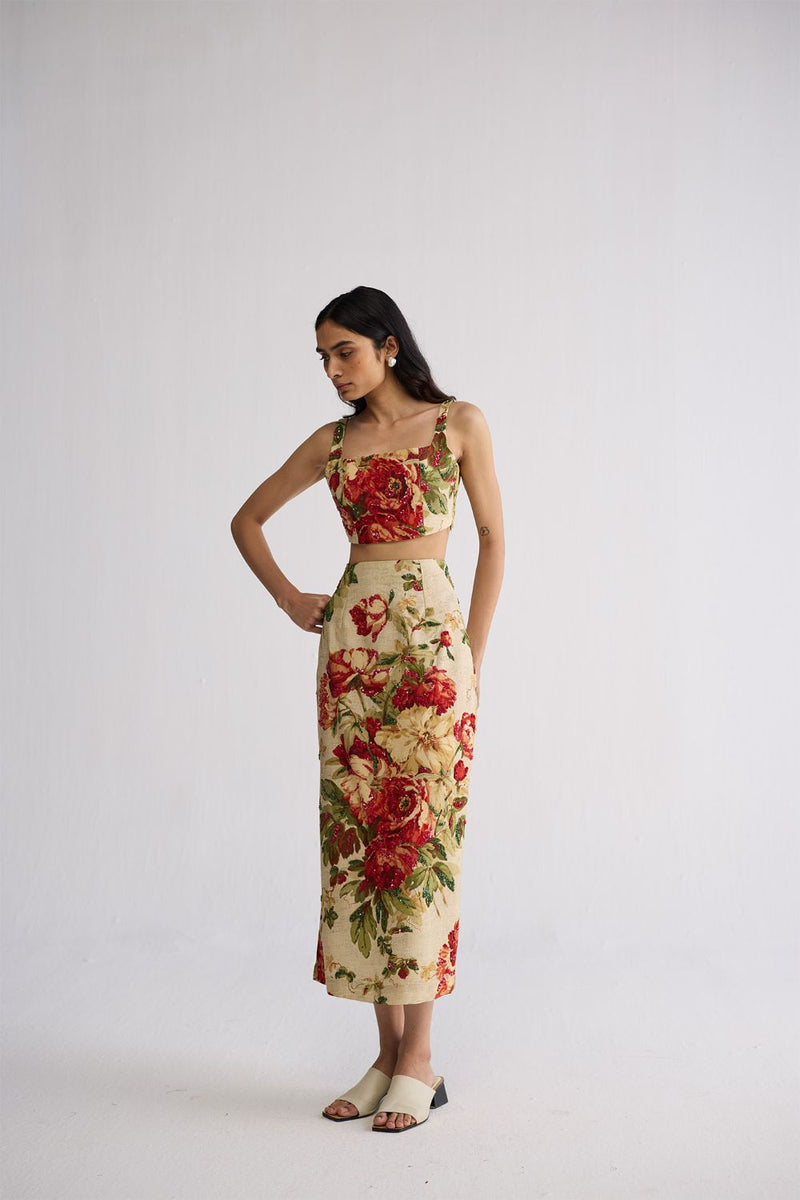 SAMA EMBROIDERED TOP & SKIRT SET cotton silk co-ord set by YAM in beige & red for women in Singapore