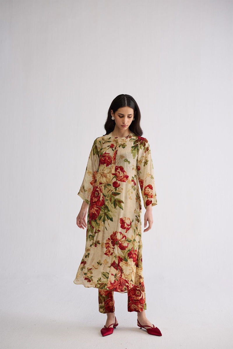 SAMA EMBROIDERED KURTA SET crepe kurta/kurta set by YAM in beige & red for women in Singapore