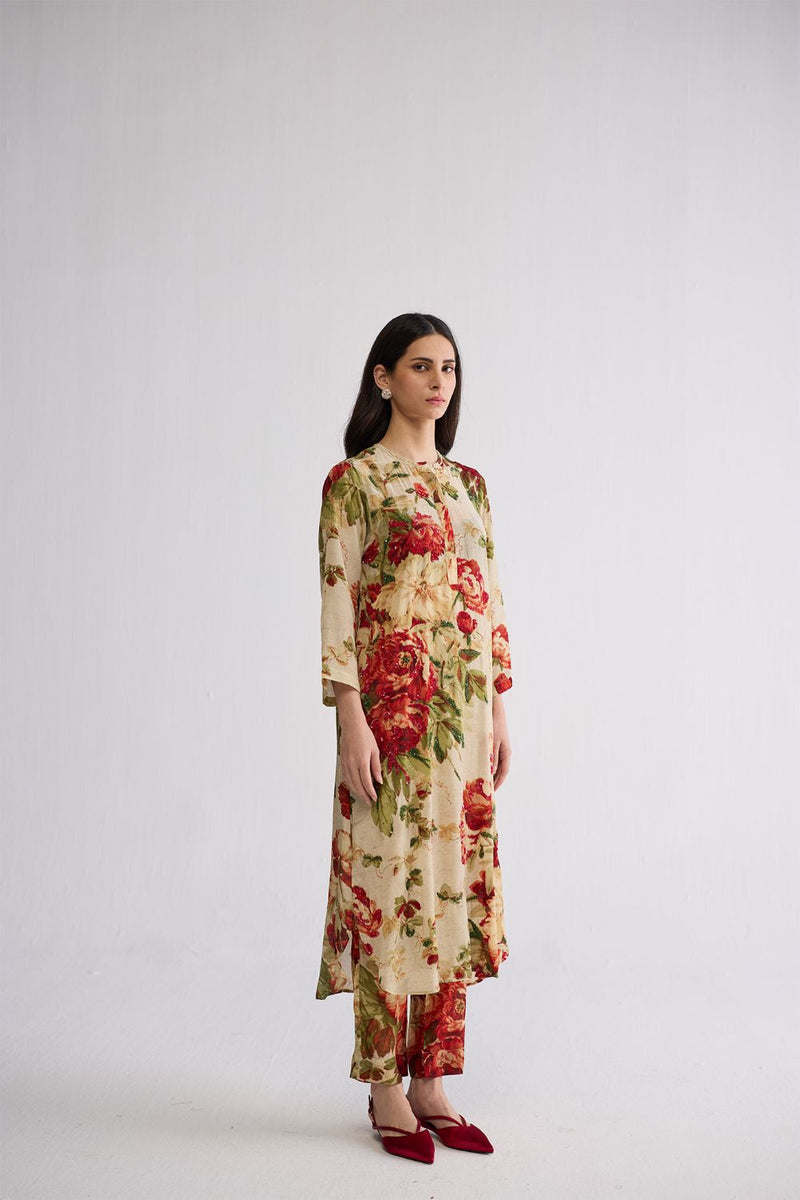 SAMA EMBROIDERED KURTA SET crepe kurta/kurta set by YAM in beige & red for women in Singapore