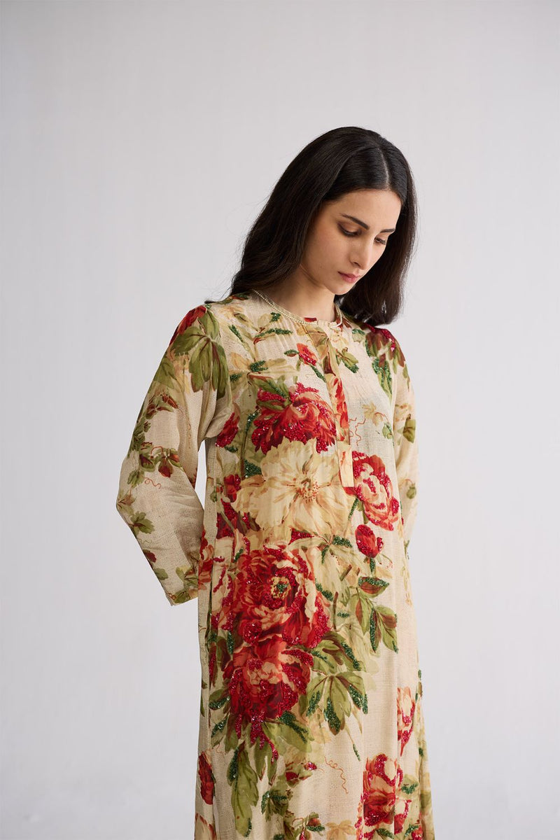 SAMA EMBROIDERED KURTA SET crepe kurta/kurta set by YAM in beige & red for women in Singapore
