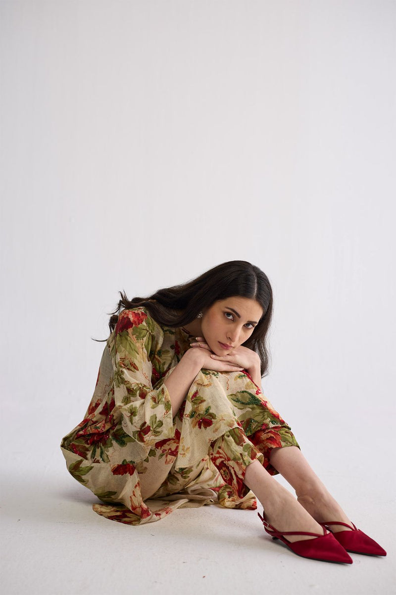 SAMA EMBROIDERED KURTA SET crepe kurta/kurta set by YAM in beige & red for women in Singapore