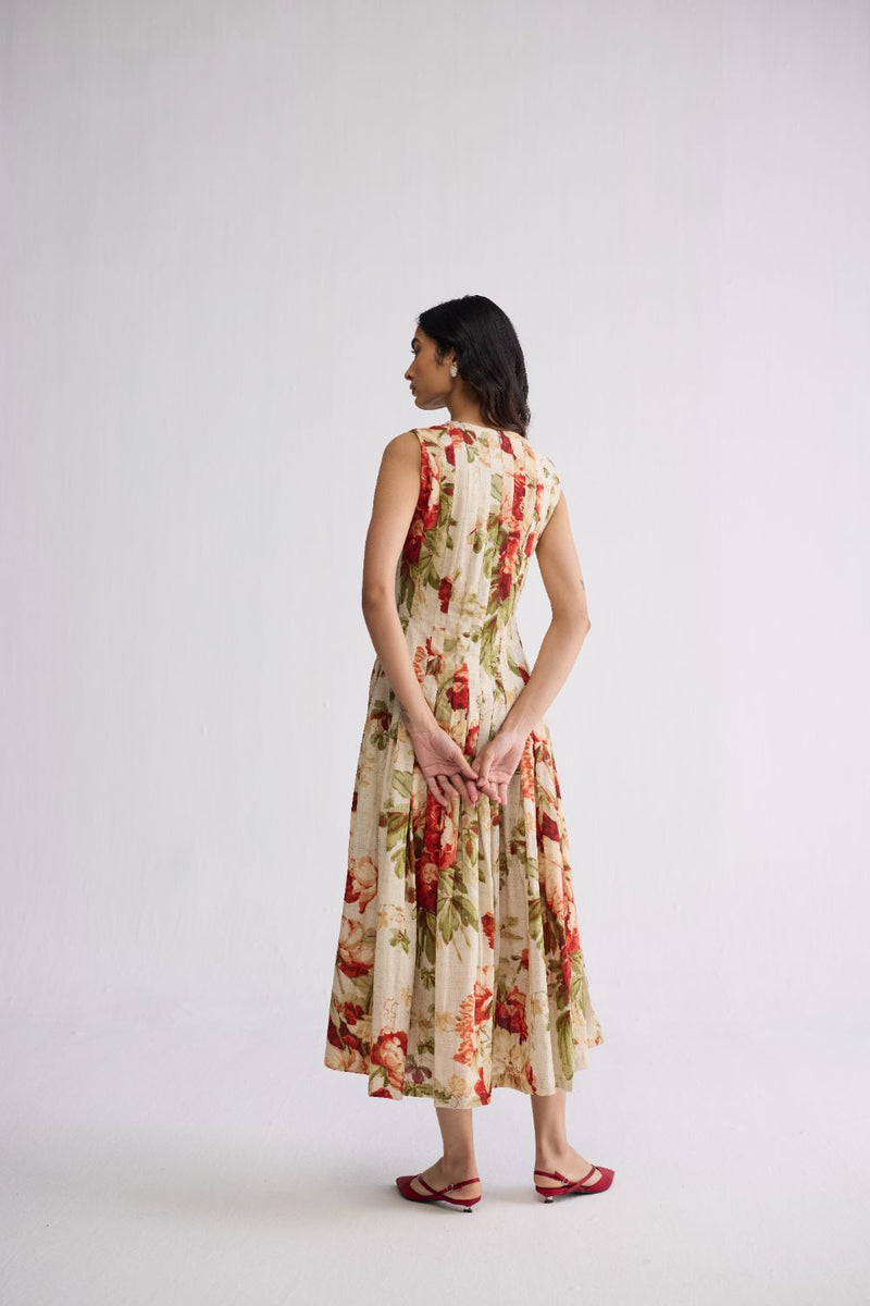 SAMA PLEATED DRESS poplin dress by YAM in beige & red for women in Singapore