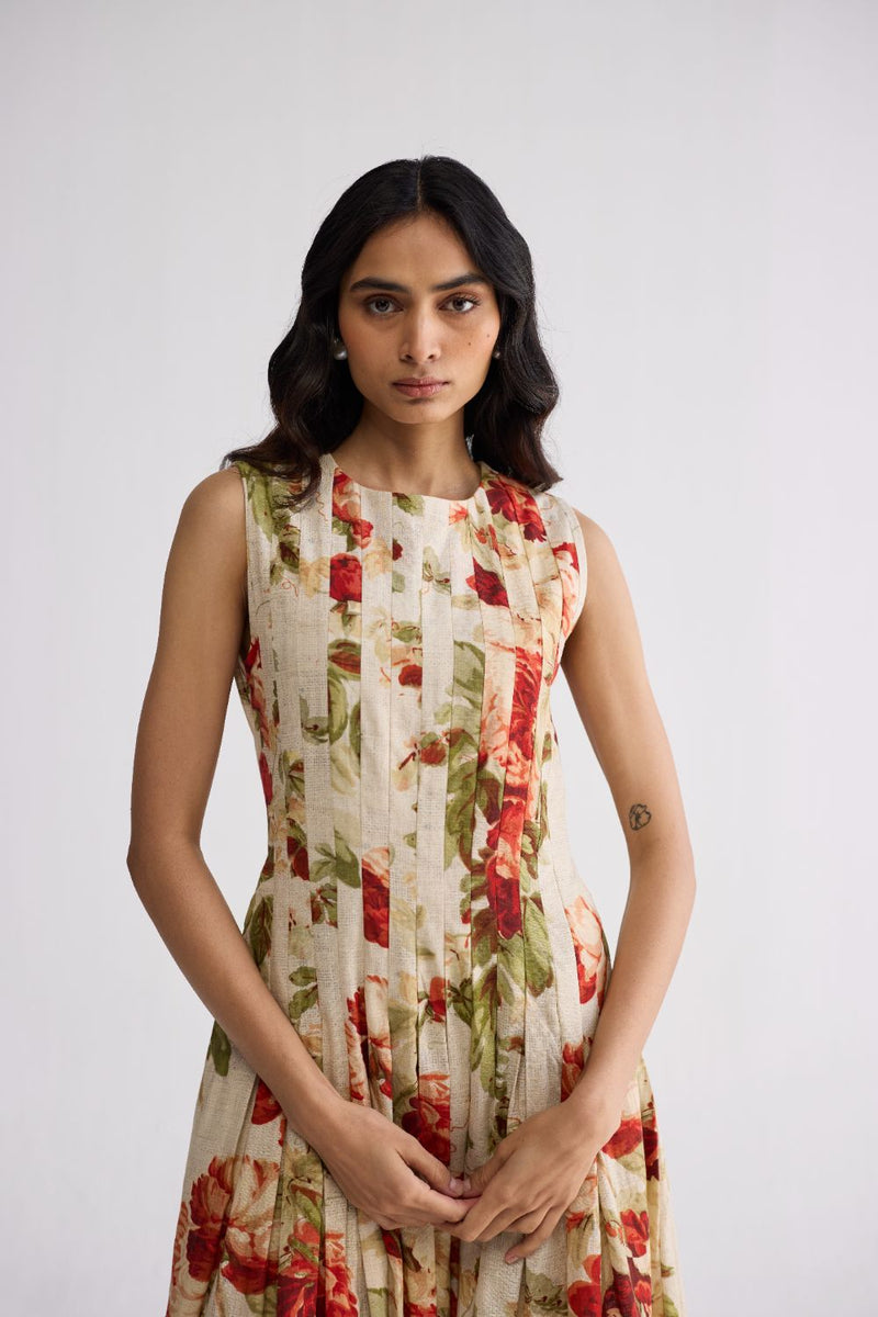 SAMA PLEATED DRESS poplin dress by YAM in beige & red for women in Singapore