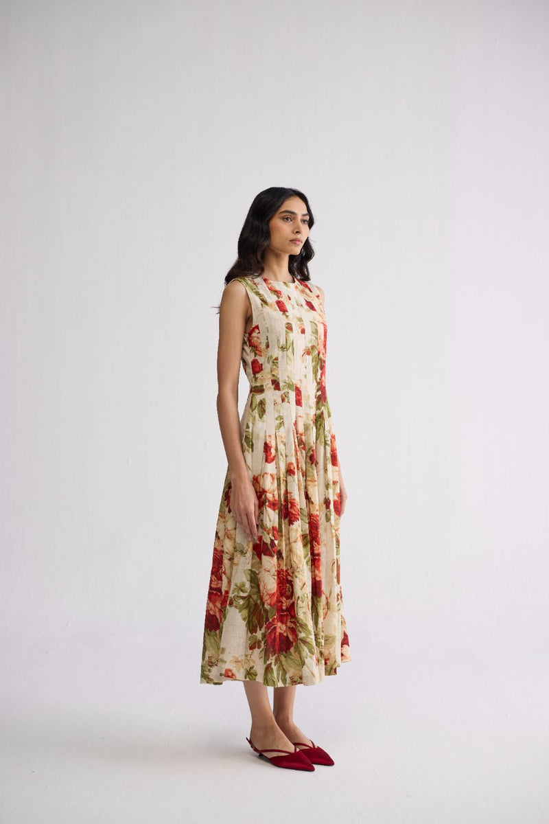 SAMA PLEATED DRESS poplin dress by YAM in beige & red for women in Singapore