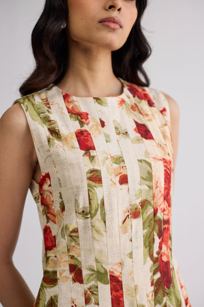 SAMA PLEATED DRESS poplin dress by YAM in beige & red for women in Singapore