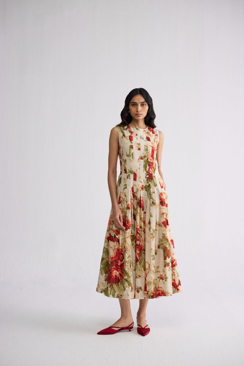 SAMA PLEATED DRESS poplin dress by YAM in beige & red for women in Singapore