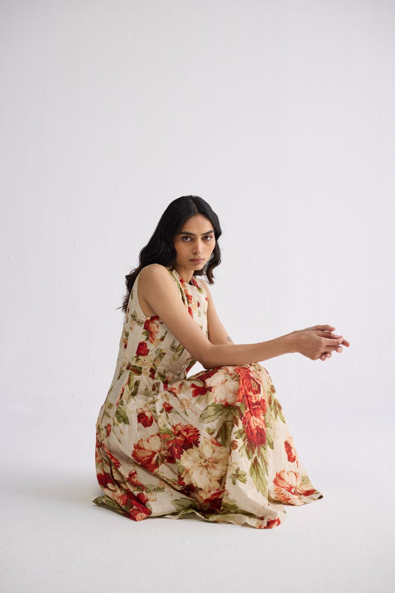 SAMA PLEATED DRESS poplin dress by YAM in beige & red for women in Singapore