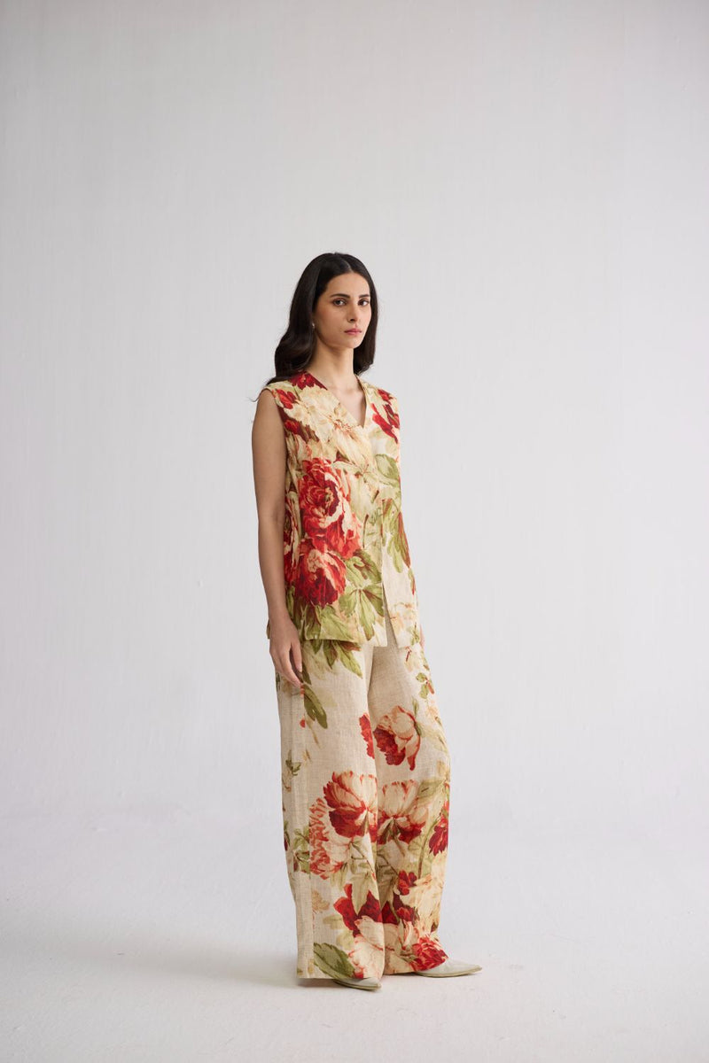 SAMA PANELLED WAISTCOAT & PANTS SET linen co-ord set by YAM in beige & red for women in Singapore