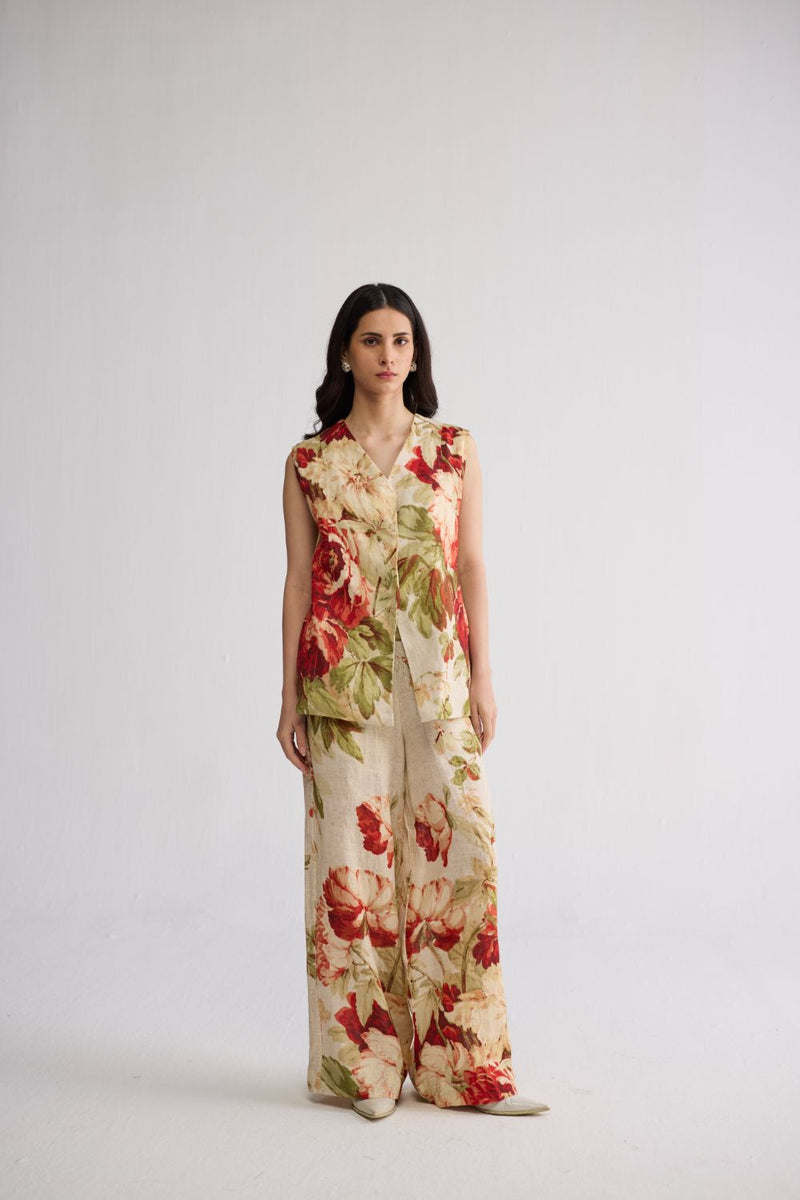 SAMA PANELLED WAISTCOAT & PANTS SET linen co-ord set by YAM in beige & red for women in Singapore