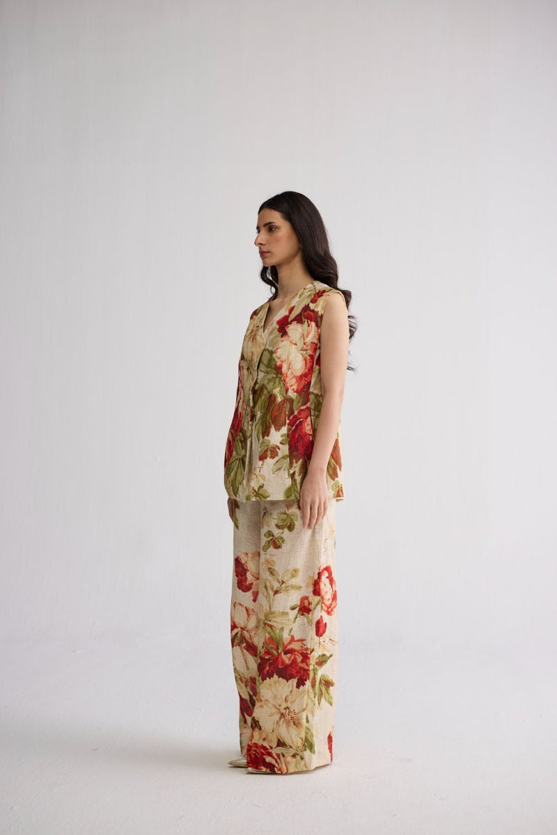 SAMA PANELLED WAISTCOAT & PANTS SET linen co-ord set by YAM in beige & red for women in Singapore