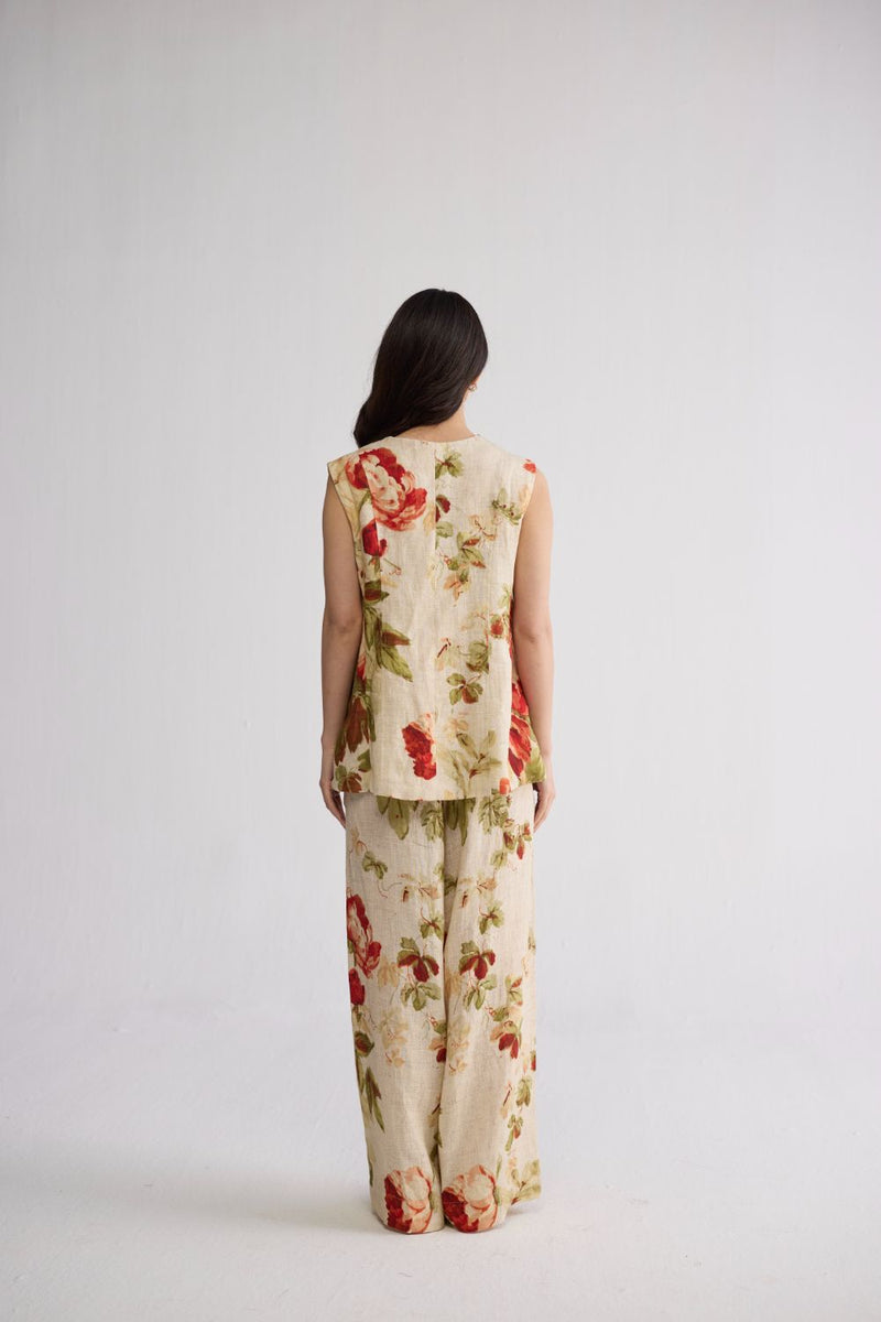 SAMA PANELLED WAISTCOAT & PANTS SET linen co-ord set by YAM in beige & red for women in Singapore