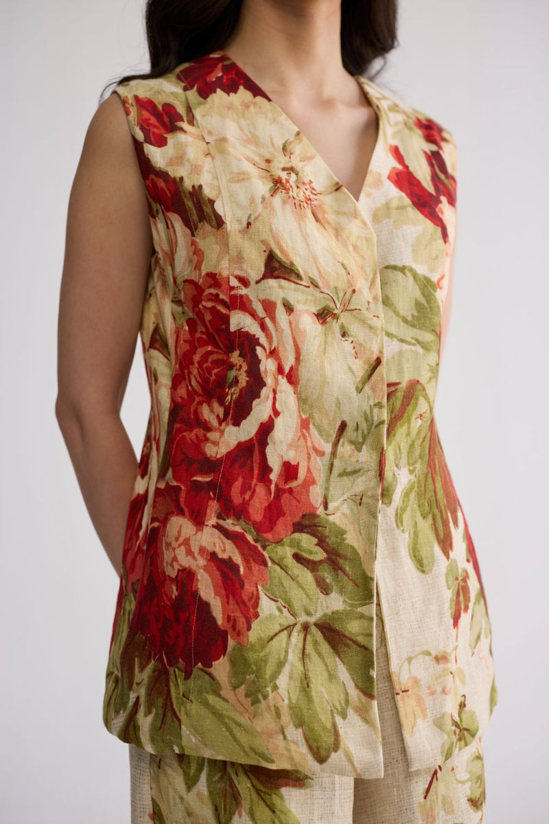 SAMA PANELLED WAISTCOAT & PANTS SET linen co-ord set by YAM in beige & red for women in Singapore
