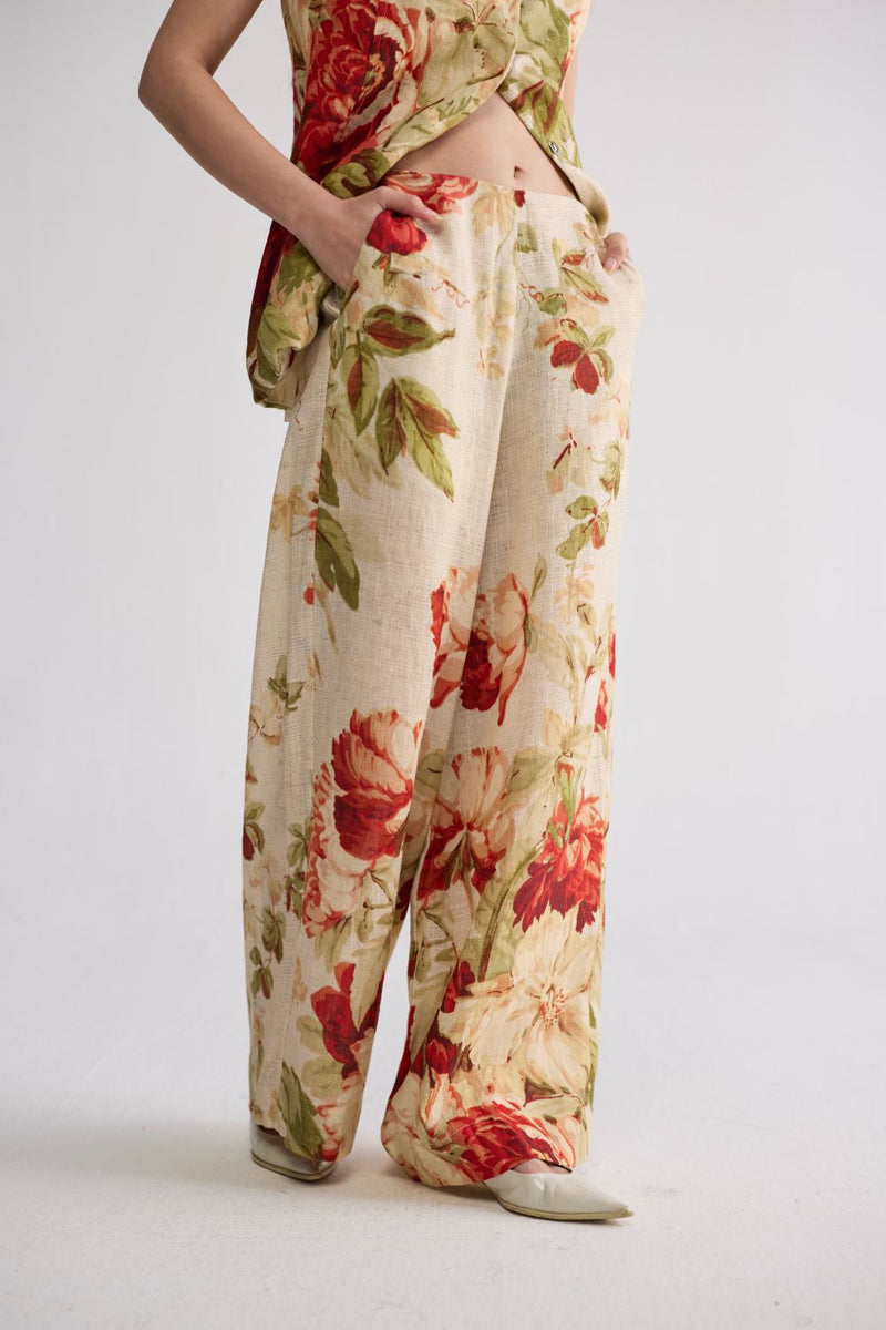 SAMA PANELLED WAISTCOAT & PANTS SET linen co-ord set by YAM in beige & red for women in Singapore