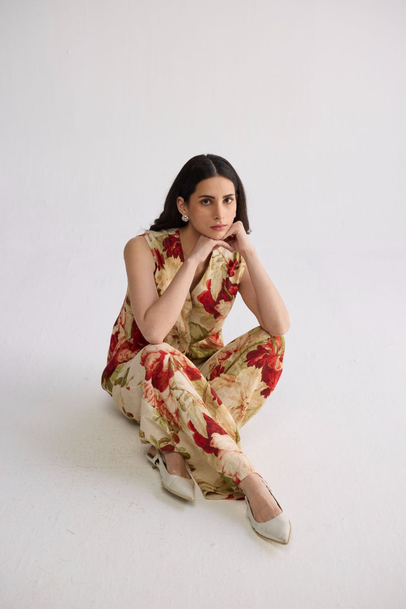 SAMA PANELLED WAISTCOAT & PANTS SET linen co-ord set by YAM in beige & red for women in Singapore