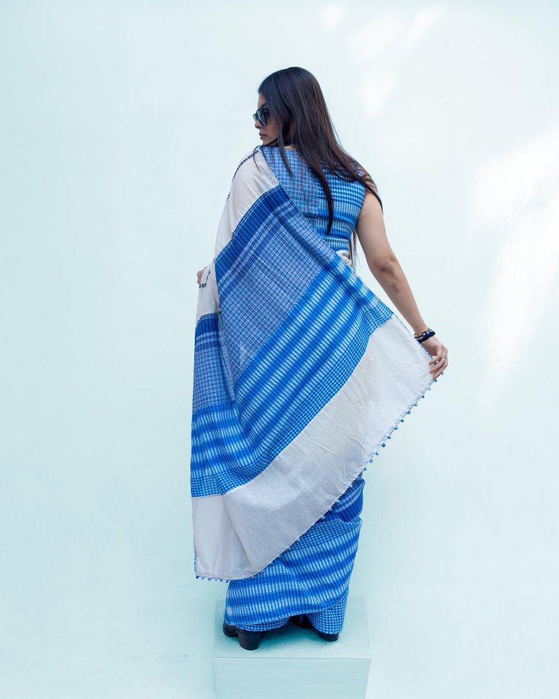 Indigo Grace Saree cotton,gamcha saree by 145 East in white, blue for women in Singapore