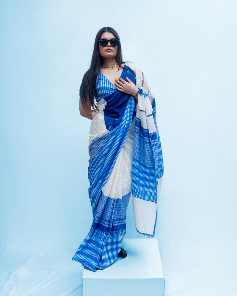 Indigo Grace Saree cotton,gamcha saree by 145 East in white, blue for women in Singapore