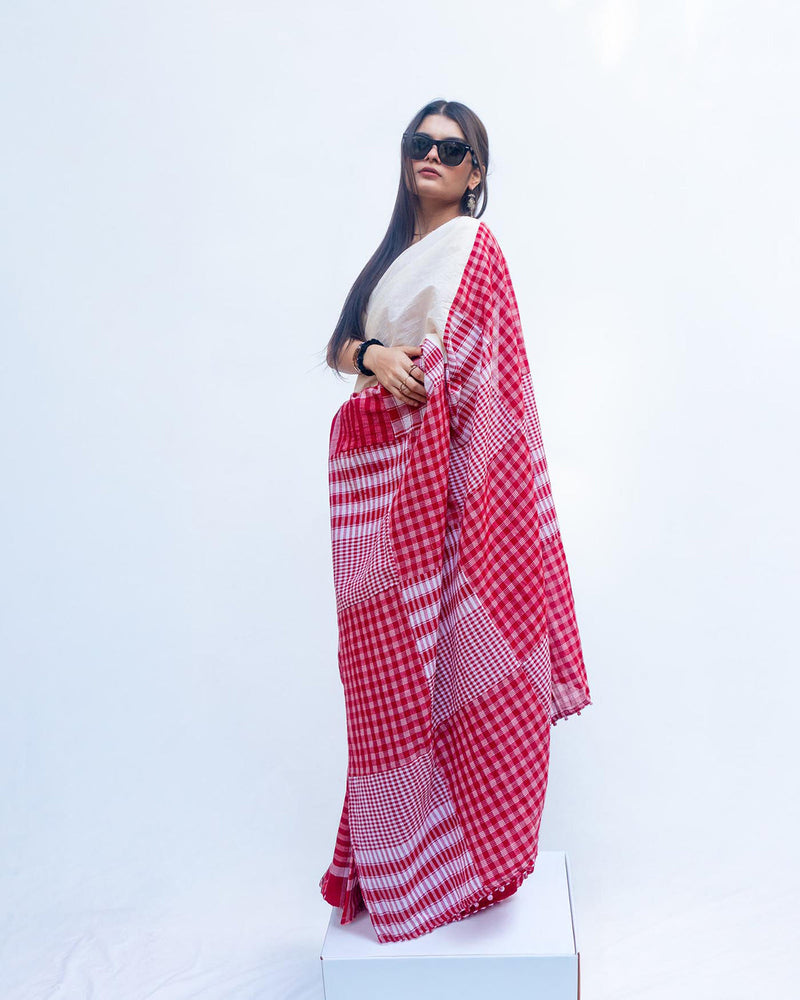 The Festive Fiesta Saree cotton,gamcha saree by 145 East in white, red for women in Singapore