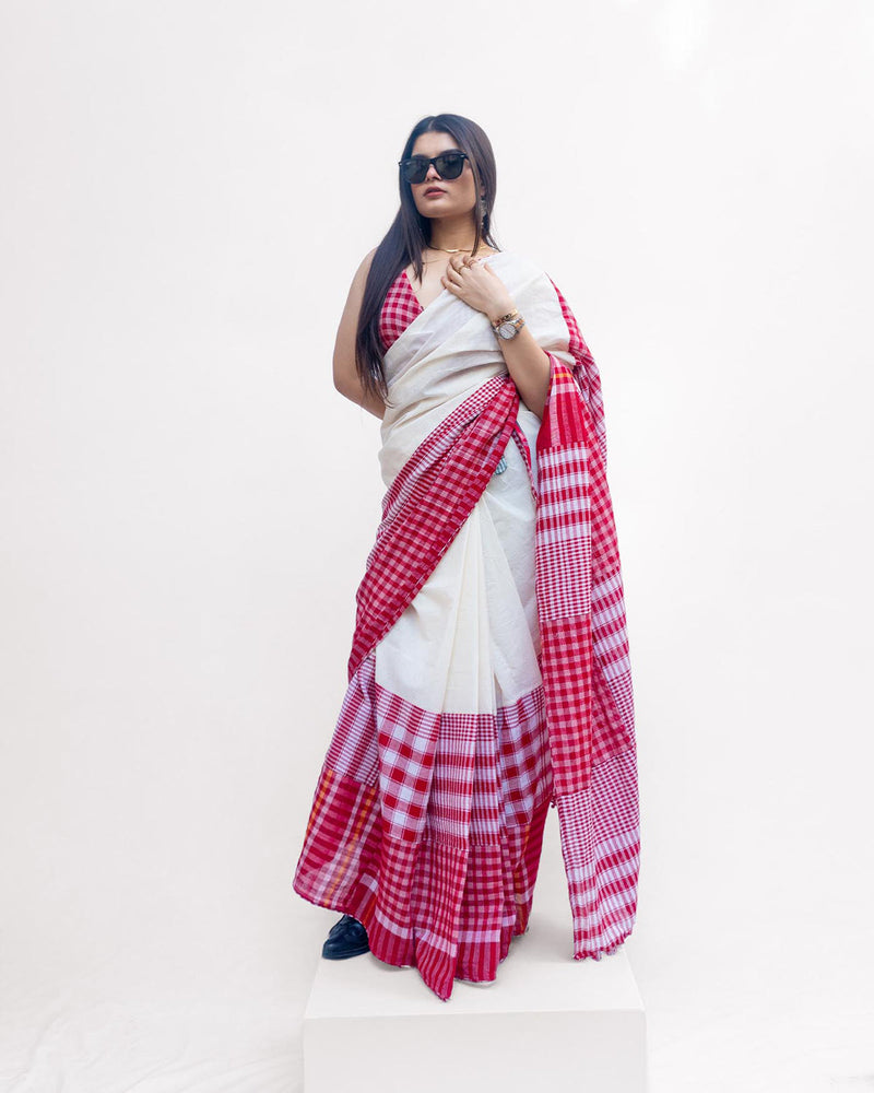 The Festive Fiesta Saree cotton,gamcha saree by 145 East in white, red for women in Singapore
