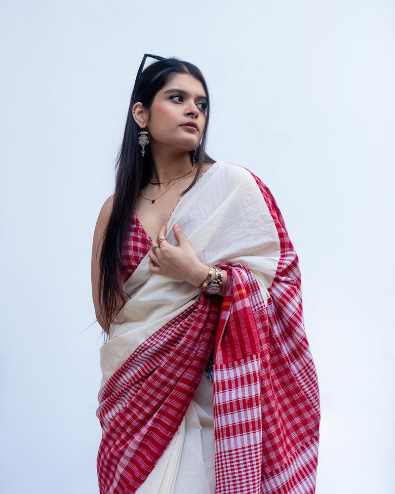 The Festive Fiesta Saree cotton,gamcha saree by 145 East in white, red for women in Singapore