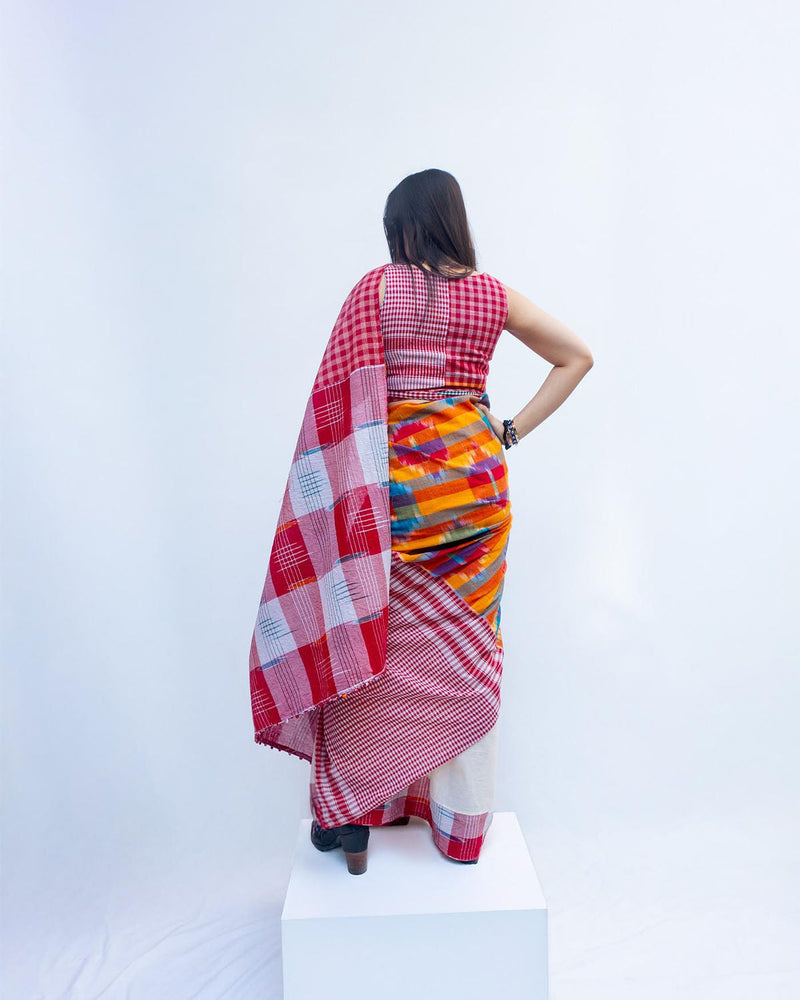 Fine Fiesta Saree woven gamcha, off-white khadi cotton saree by 145 East in red, white, multicolour for women in Singapore